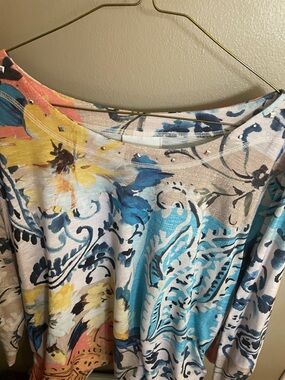 Alfred Dunner Floral Scroll Boatneck Top in Blue, Yellow and Coral